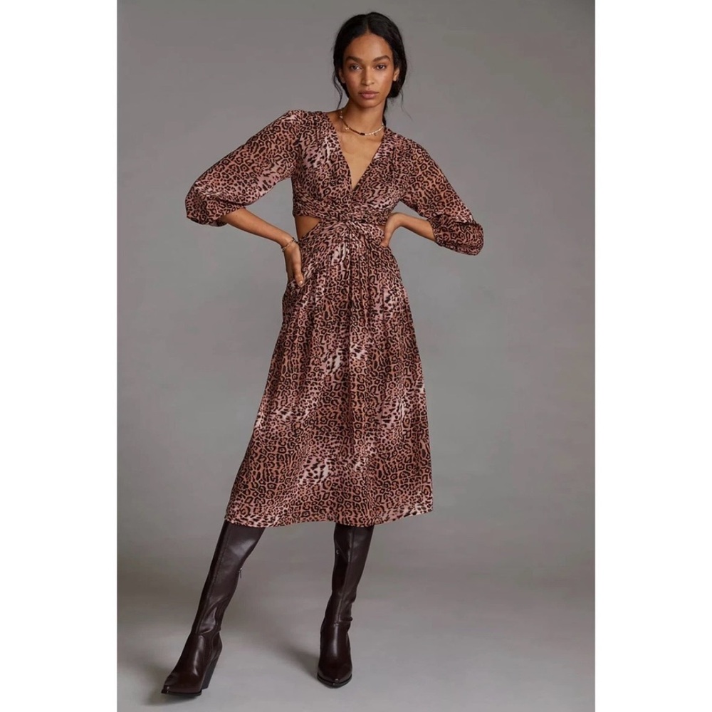 Anthropologie Ranna Gill Animal Print‎ Draped Cutout Midi Dress Cocktail Stylish